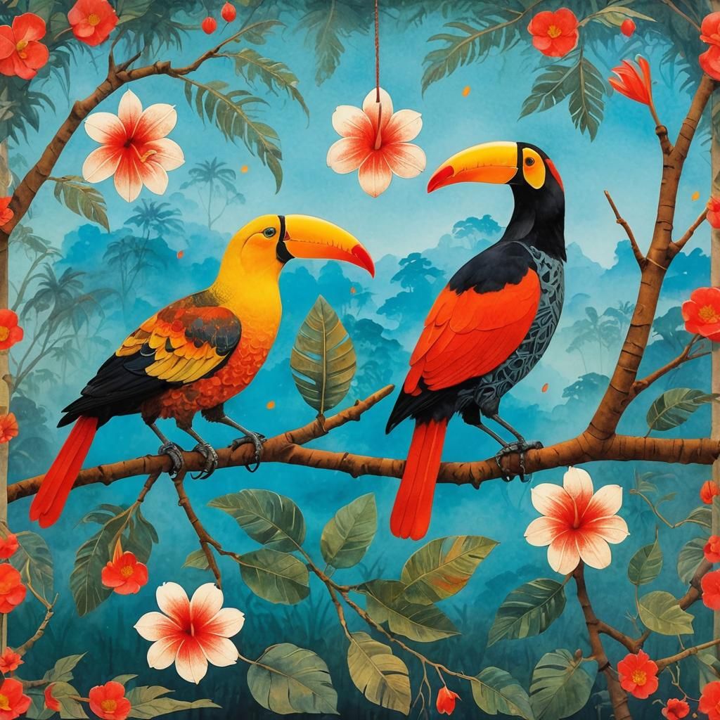 Ethereal Toucans in Misty Rainforest Landscape