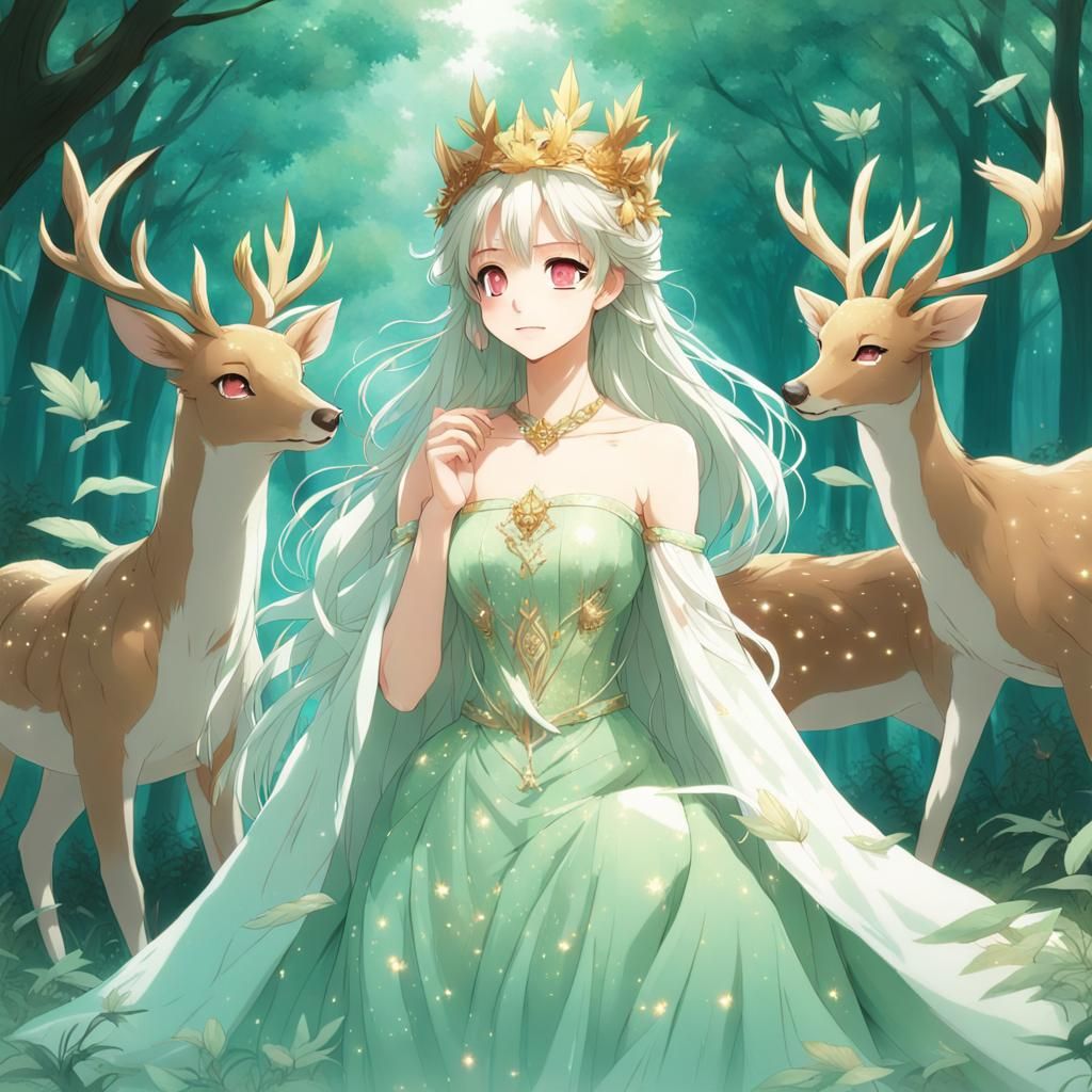 Anime Princess in Ethereal Forest with Animals