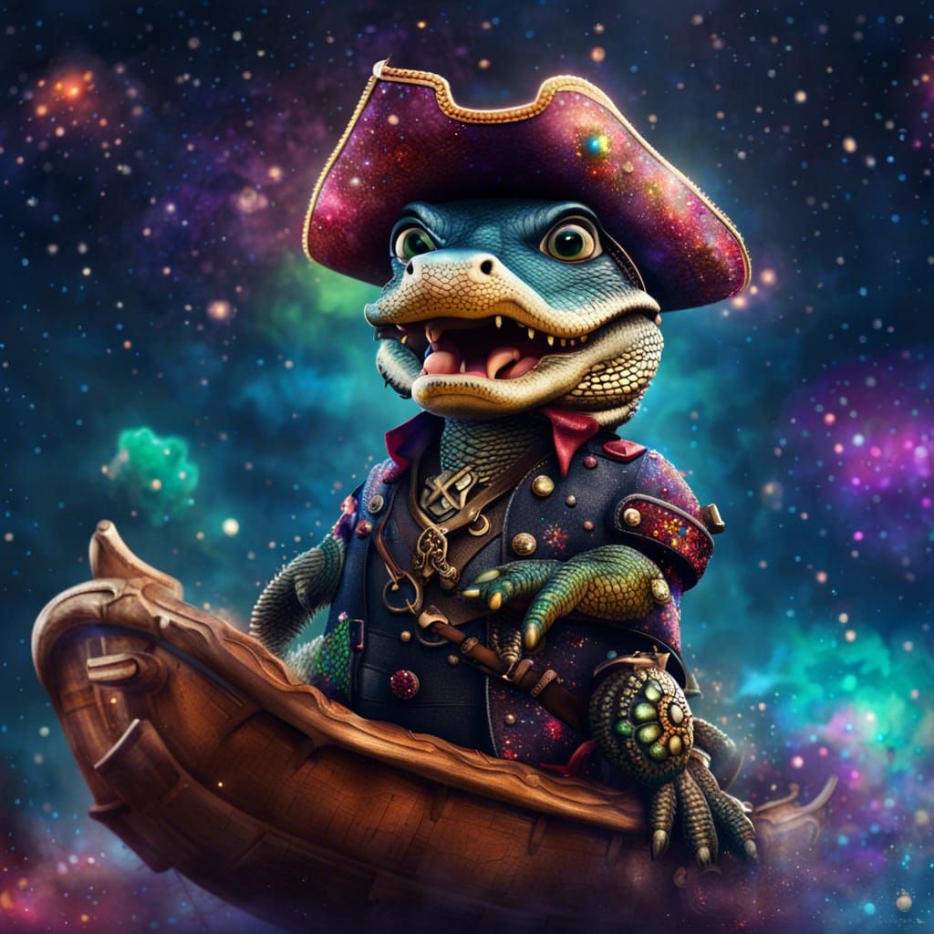 Alligator Pirate Ship in Glittering Nebula