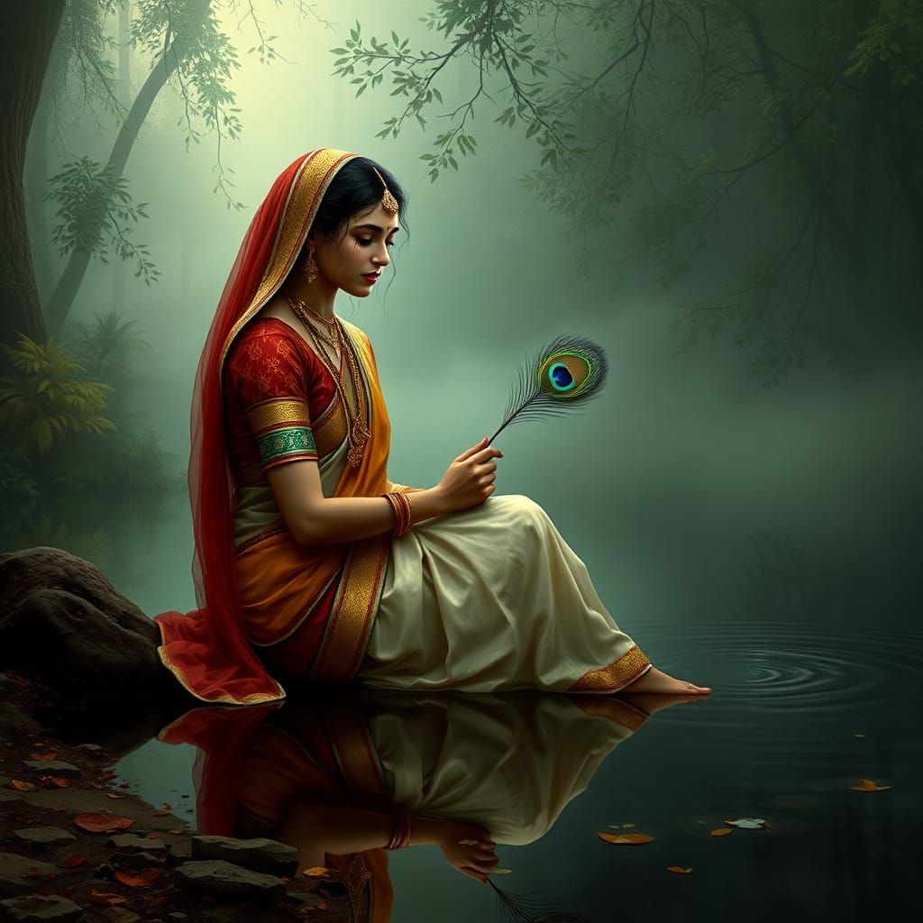 Radha's Reflection: Tears and Peacock Feather