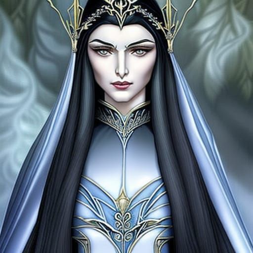 Elegant Elven Queen Portrait in Traditional Graphic Style