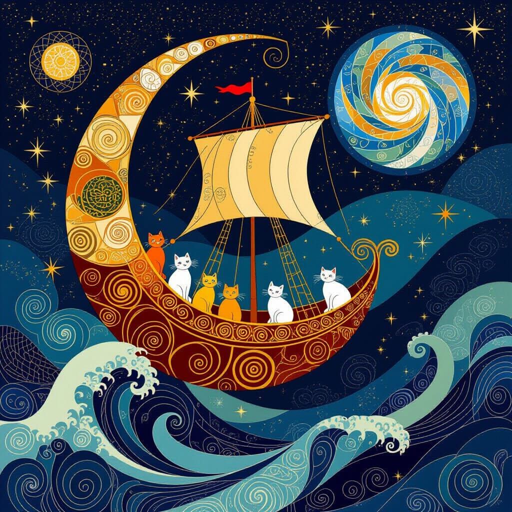 Golden Spaceship with Cats Under Starry Night