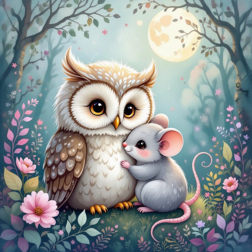 Whimsical Owl and Mouse Cuddle in Pastel Forest