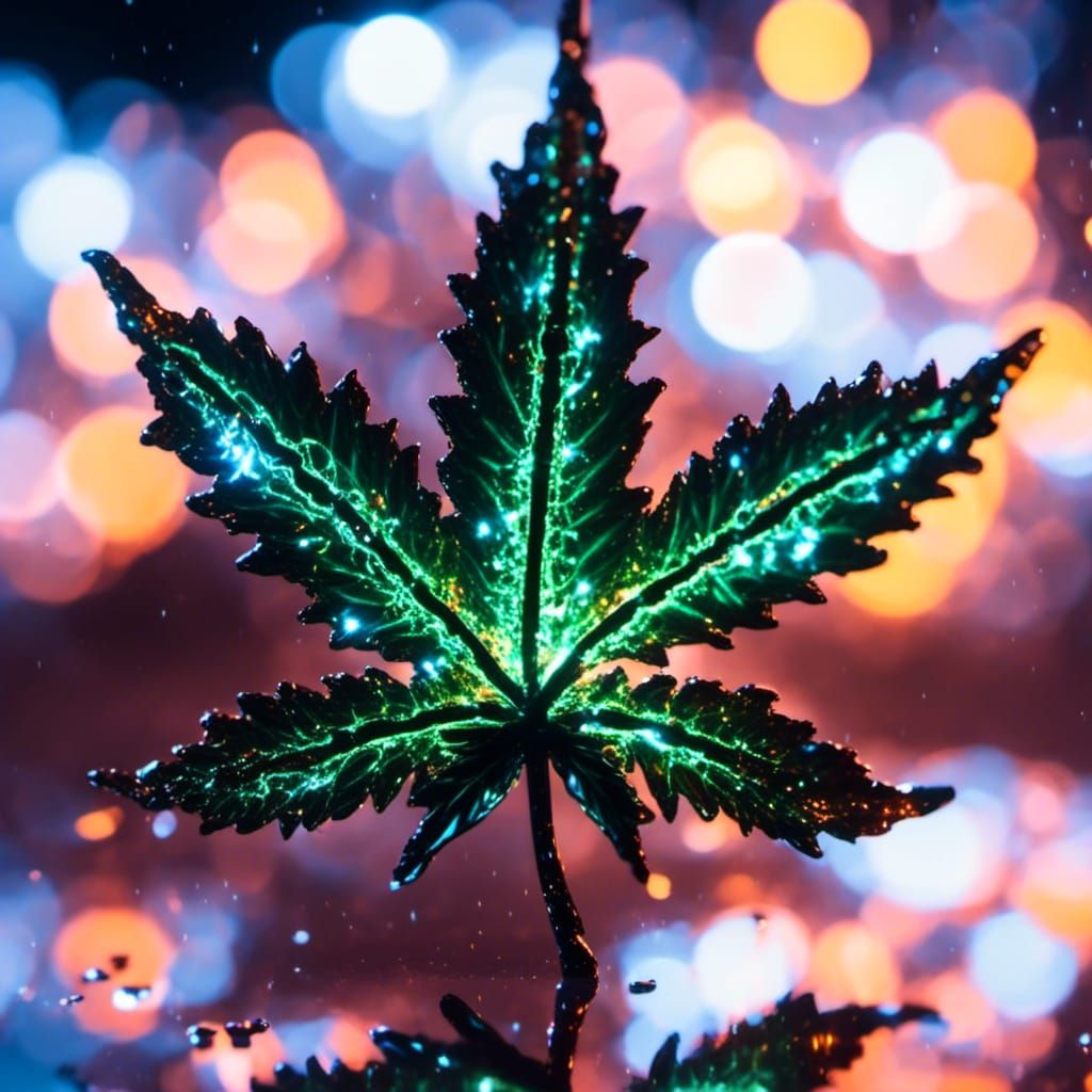 Fiery Glass Cannabis Leaf Sculpture at Night