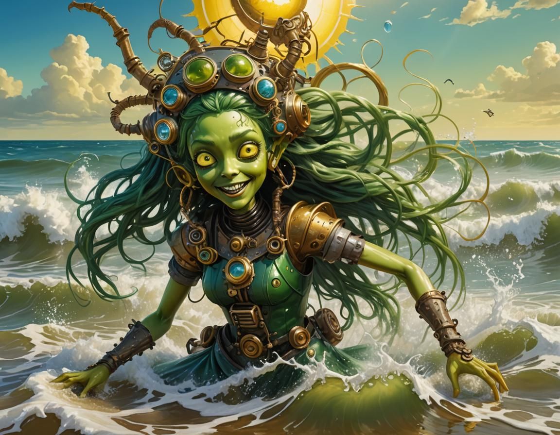 Happy Green Alien Girl on Red Beach