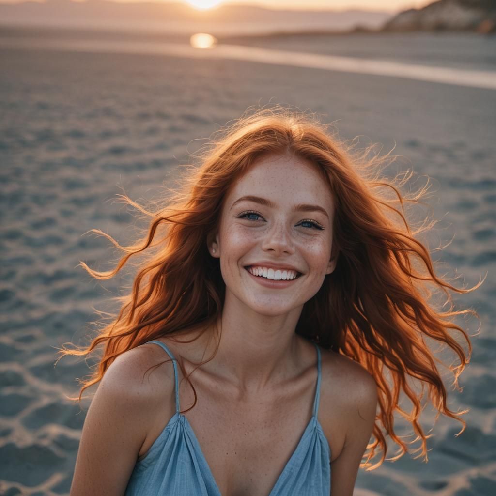 Sensual Redhead with Blue Eyes at Sunset