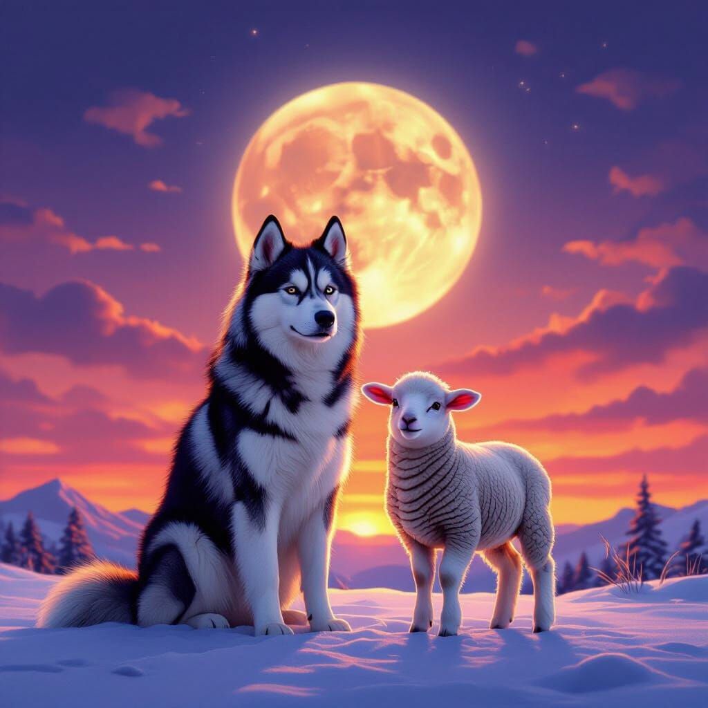 Husky and Lamb Under Moonlit Sunset
