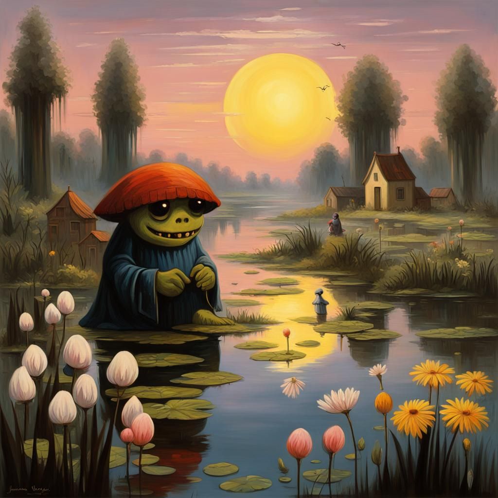 Cute Monster in Swamp: Retro Fantasy Oil Painting