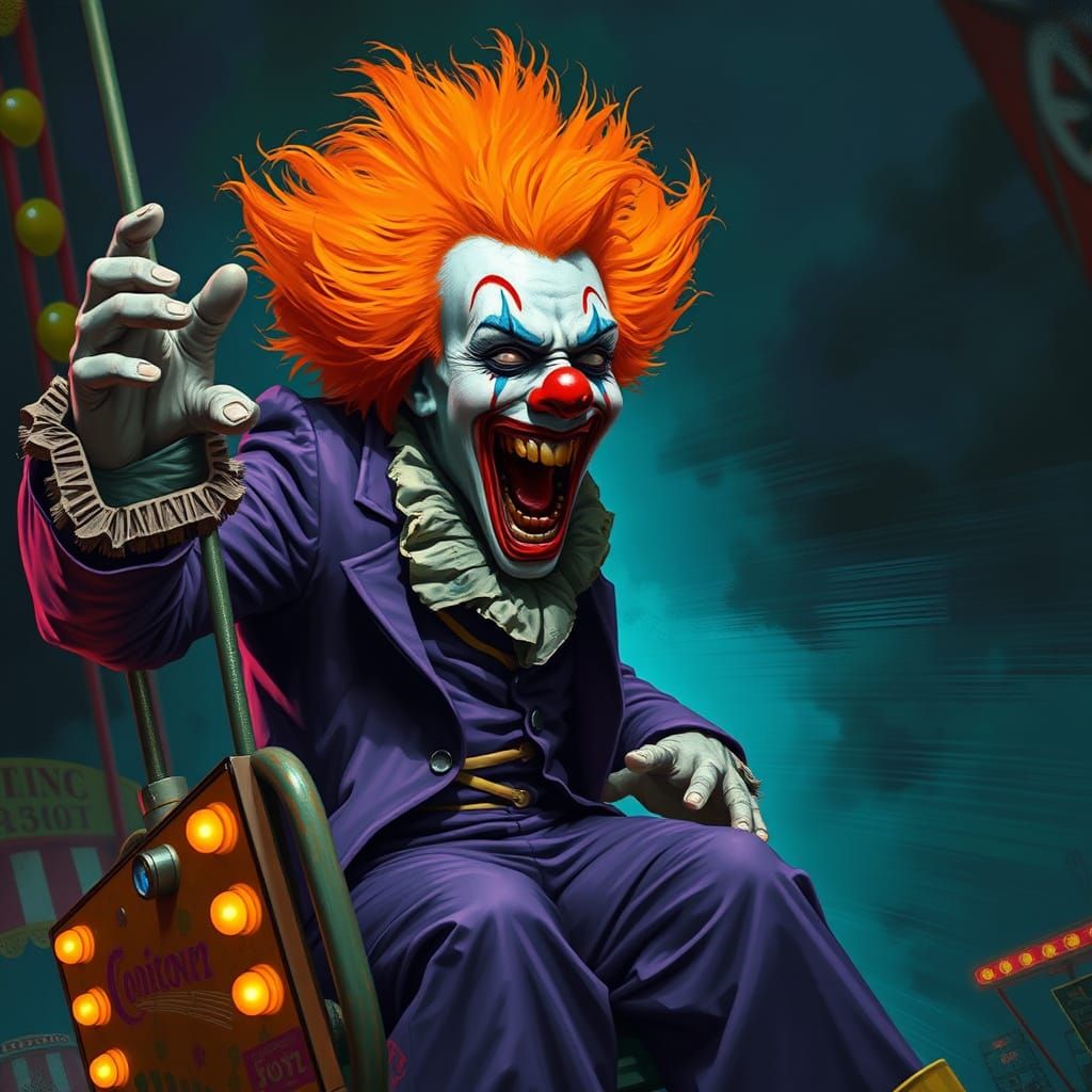 Scary Clown on Carnival Ride in Digital Art Style