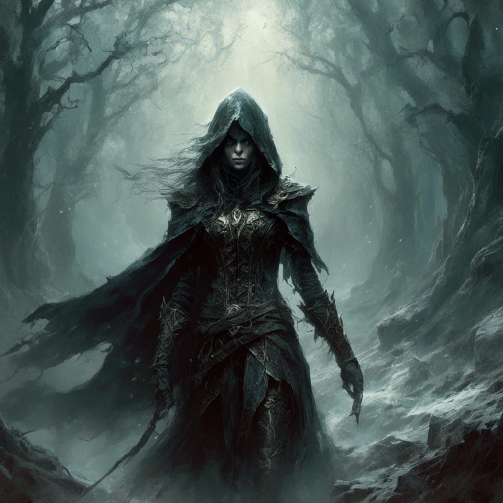 Dark Elf Warlock Portrait in Hyperdetailed Fantasy Style