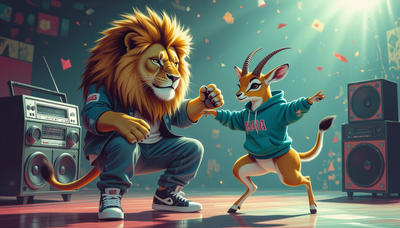 Lion and Impala Breakdancing with Energy and Style
