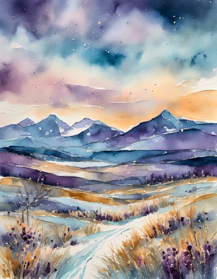 Icy Tundra Sunset: Watercolor Landscape Painting