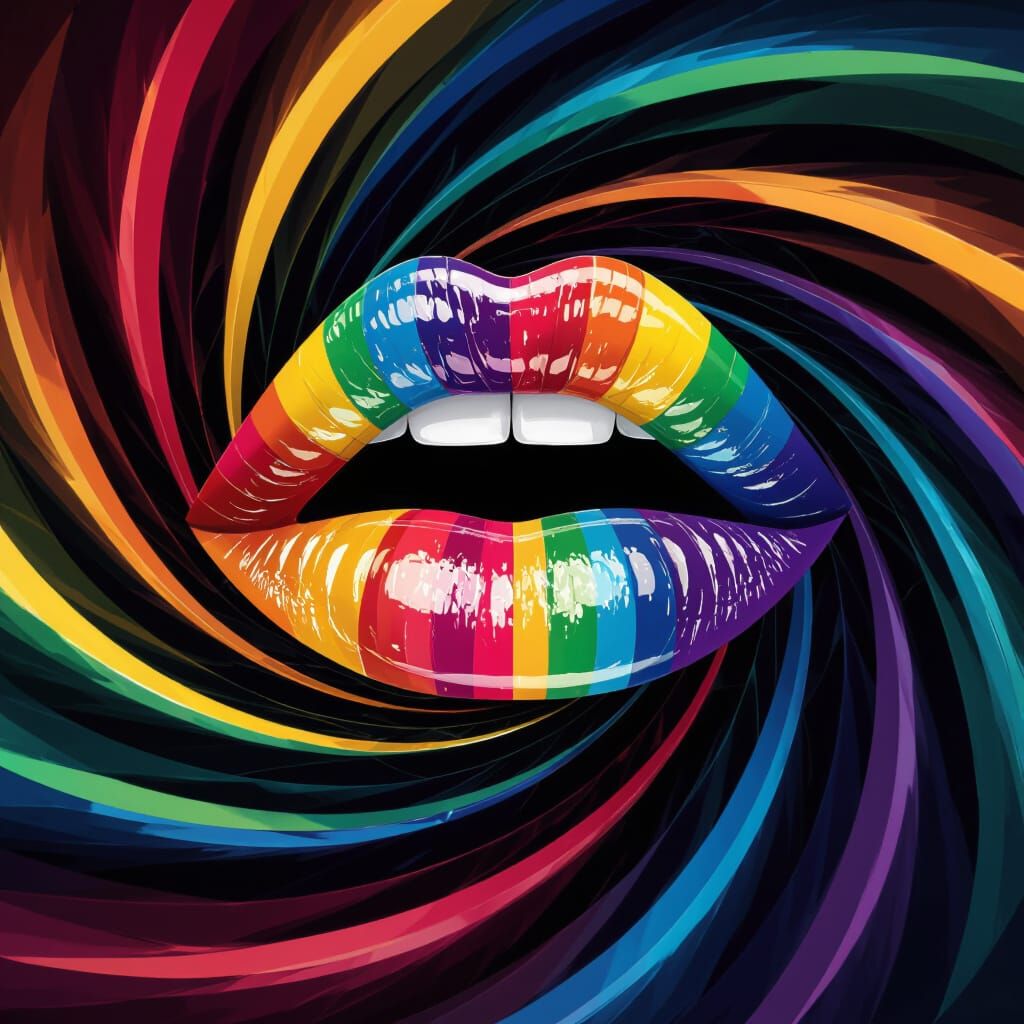 Glossy Rainbow Lips in Vortex Background