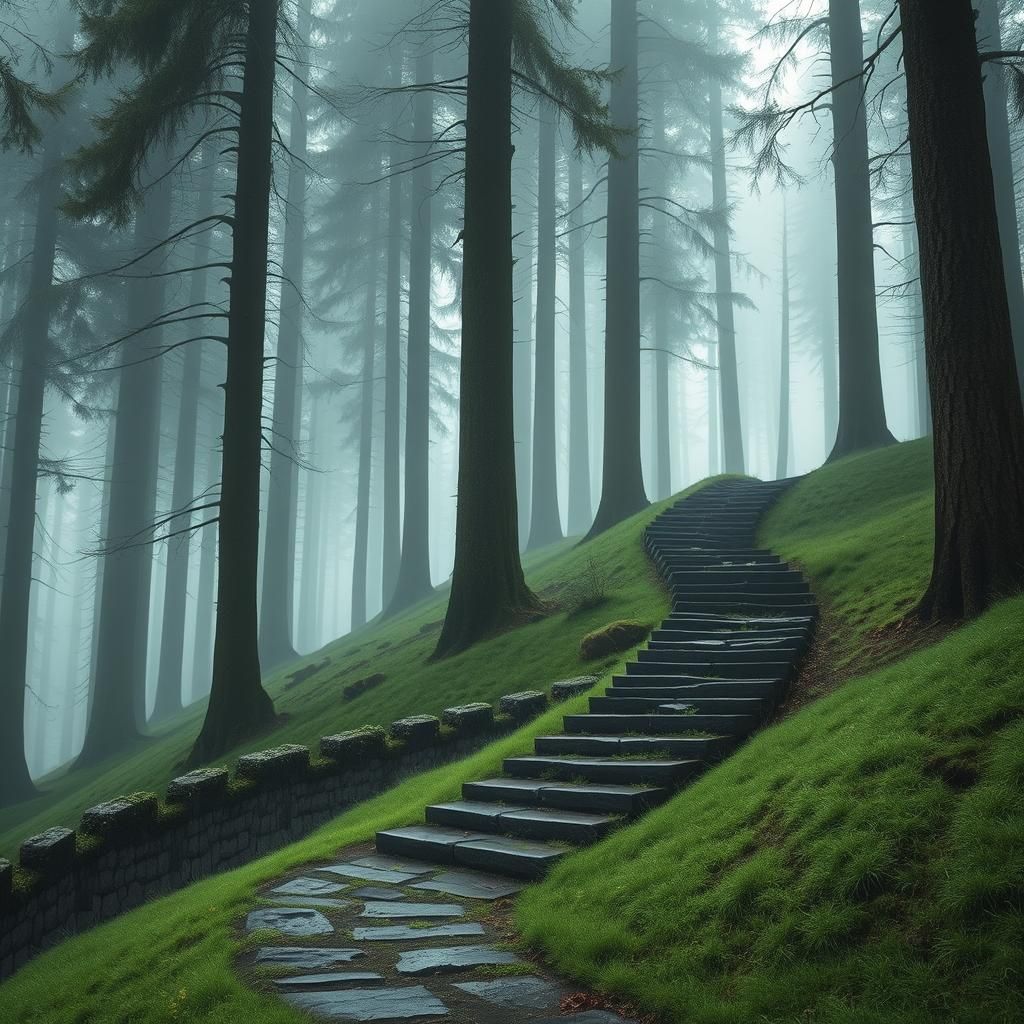 Mystical Forest Path in Ethereal Mist