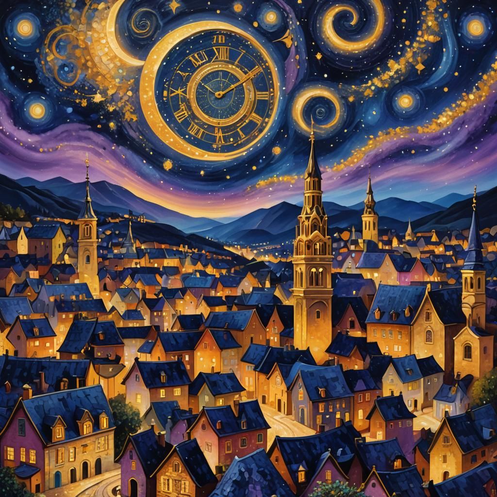 Vibrant Starry Night Painting with Ornate Clock Tower