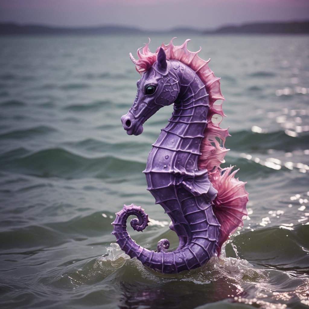 Purple Seahorse Pony Swimming: Cinematic Film Still