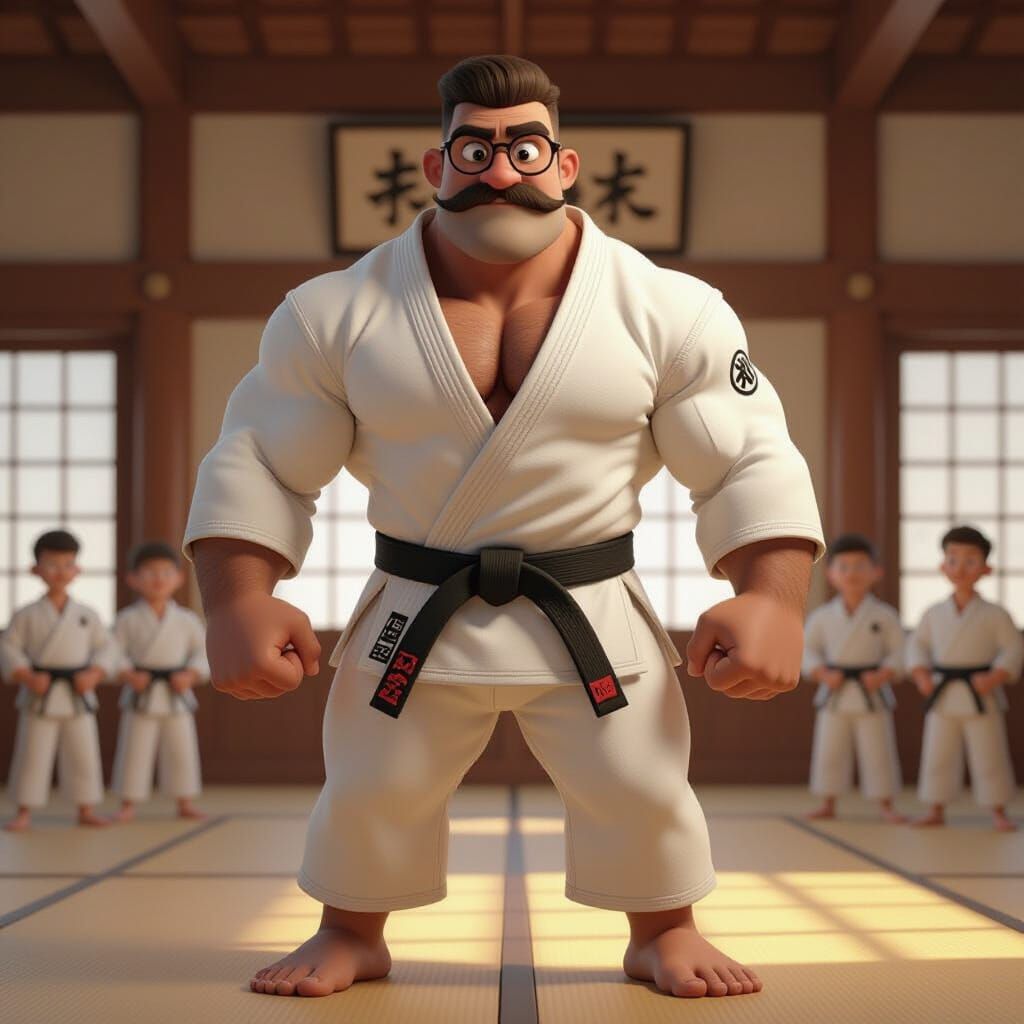 Muscular Judo Master in Dojo, as 3D Digital Art