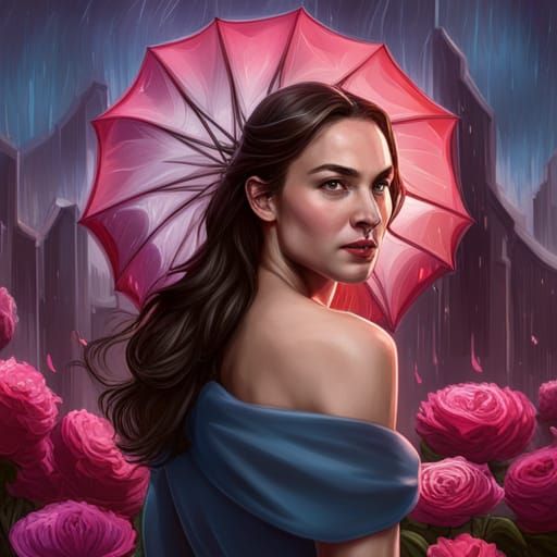 Gal Gadot in Rainy Rose Garden, Hyperrealistic Portrait
