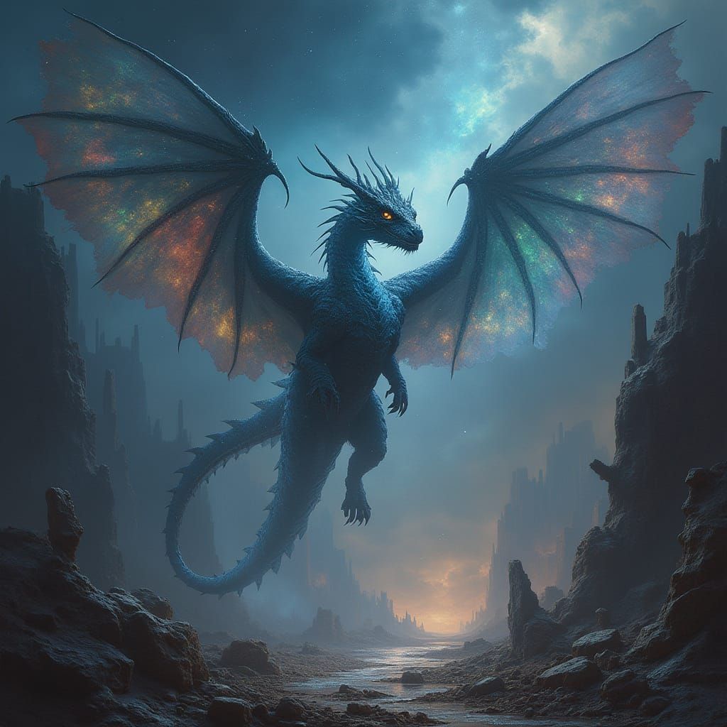 Cosmic Dragon Soaring Through Spaceship Graveyard