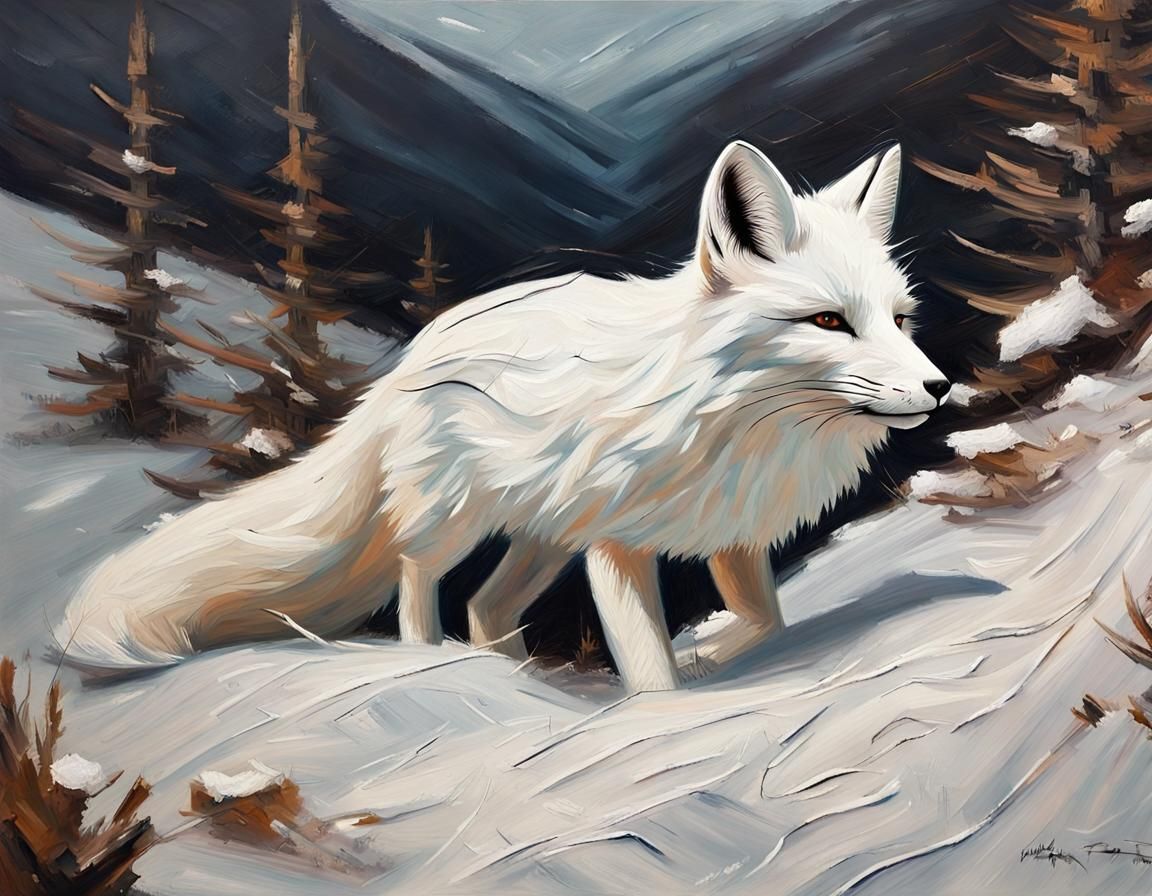 Snow Fox Hunting in Snowy Mountains as Impasto Painting