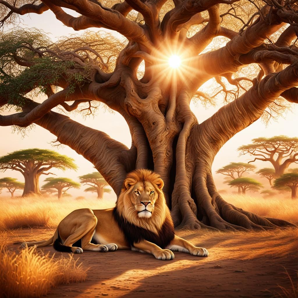 Majestic Lion Resting Under Baobab Tree in Golden Light