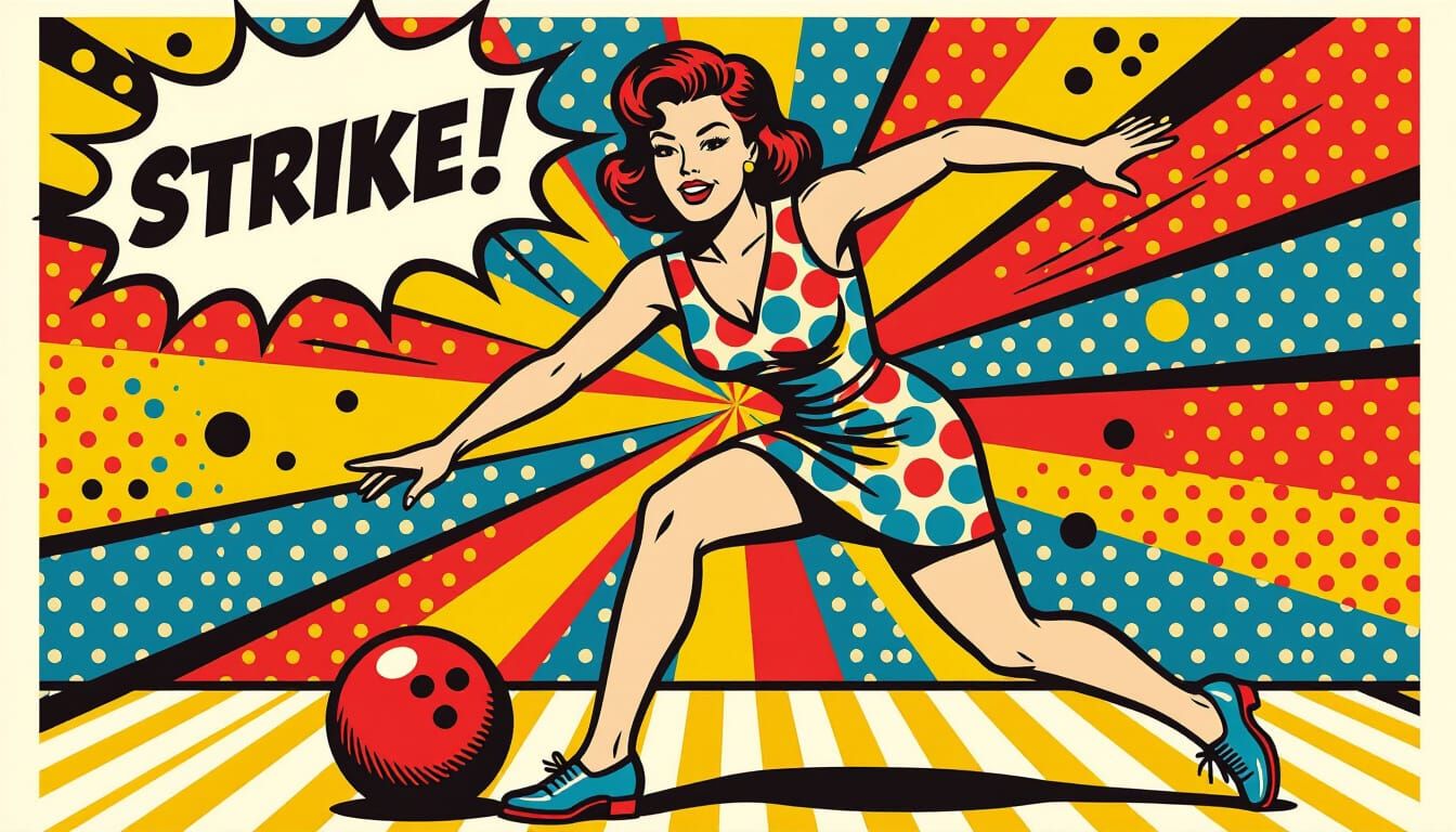 Woman Bowling a Strike in Pop Art Style