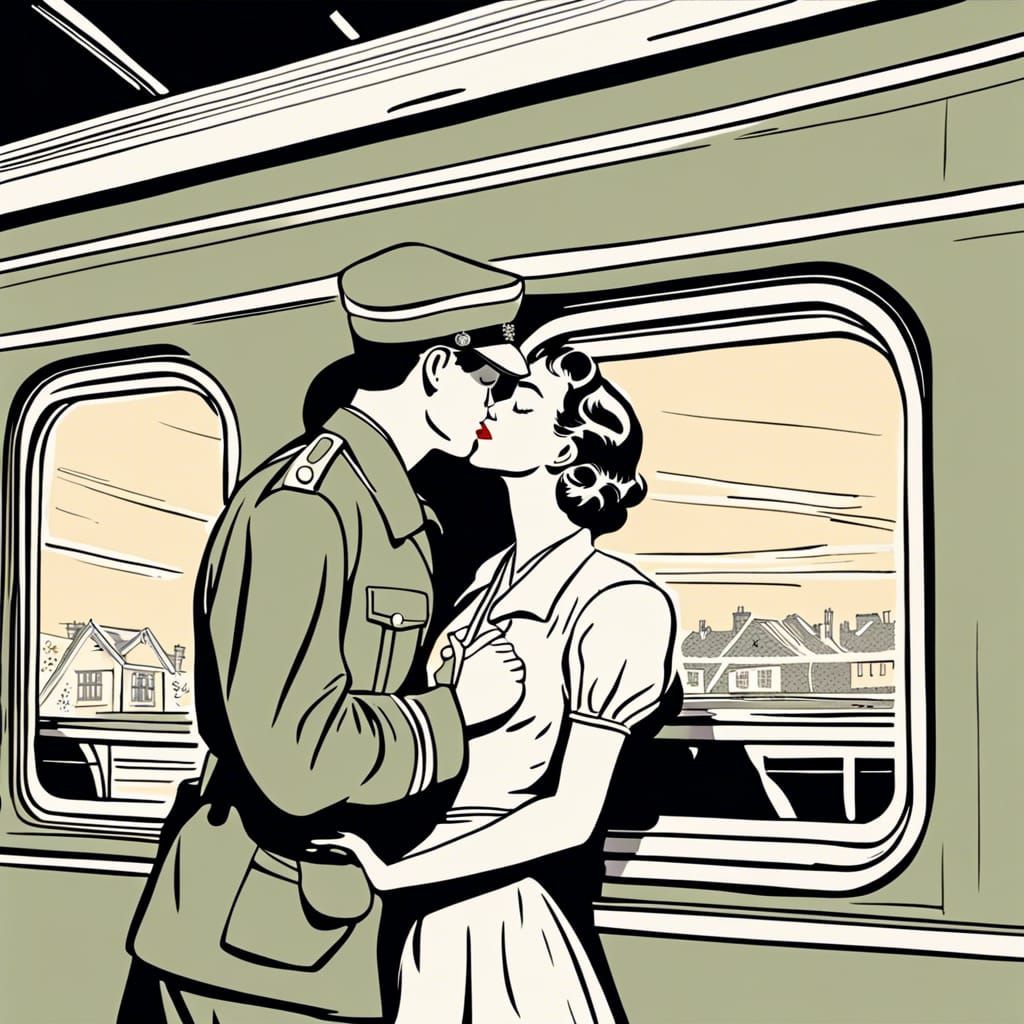 1950s Soldier's Goodbye Kiss: Whimsical Line Art