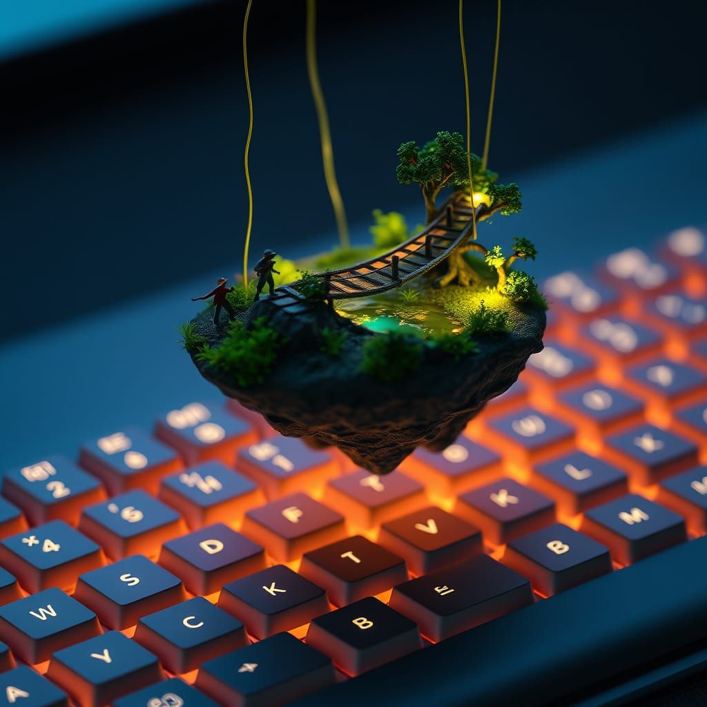 Miniature Floating Islands Above Keyboard: A Whimsical Scene