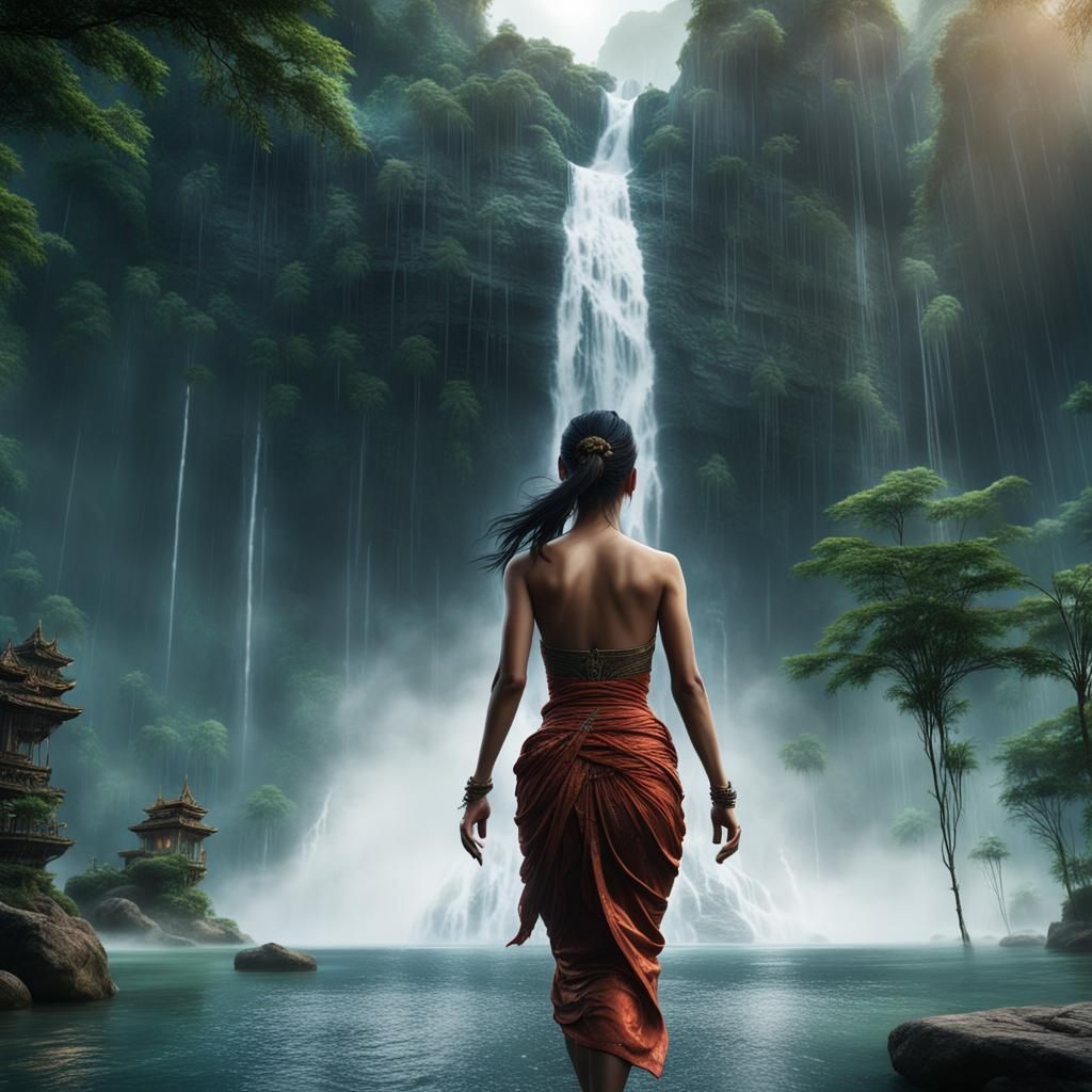 Thailand Woman in Rain by Waterfall: Matte Painting