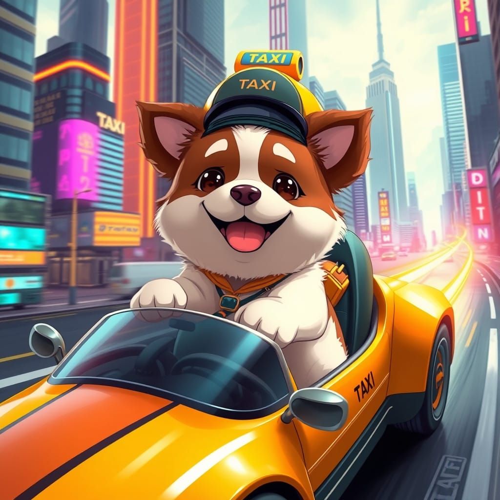 Charming Anime Taxi Driver Dog Speeds Through Futuristic Cit...