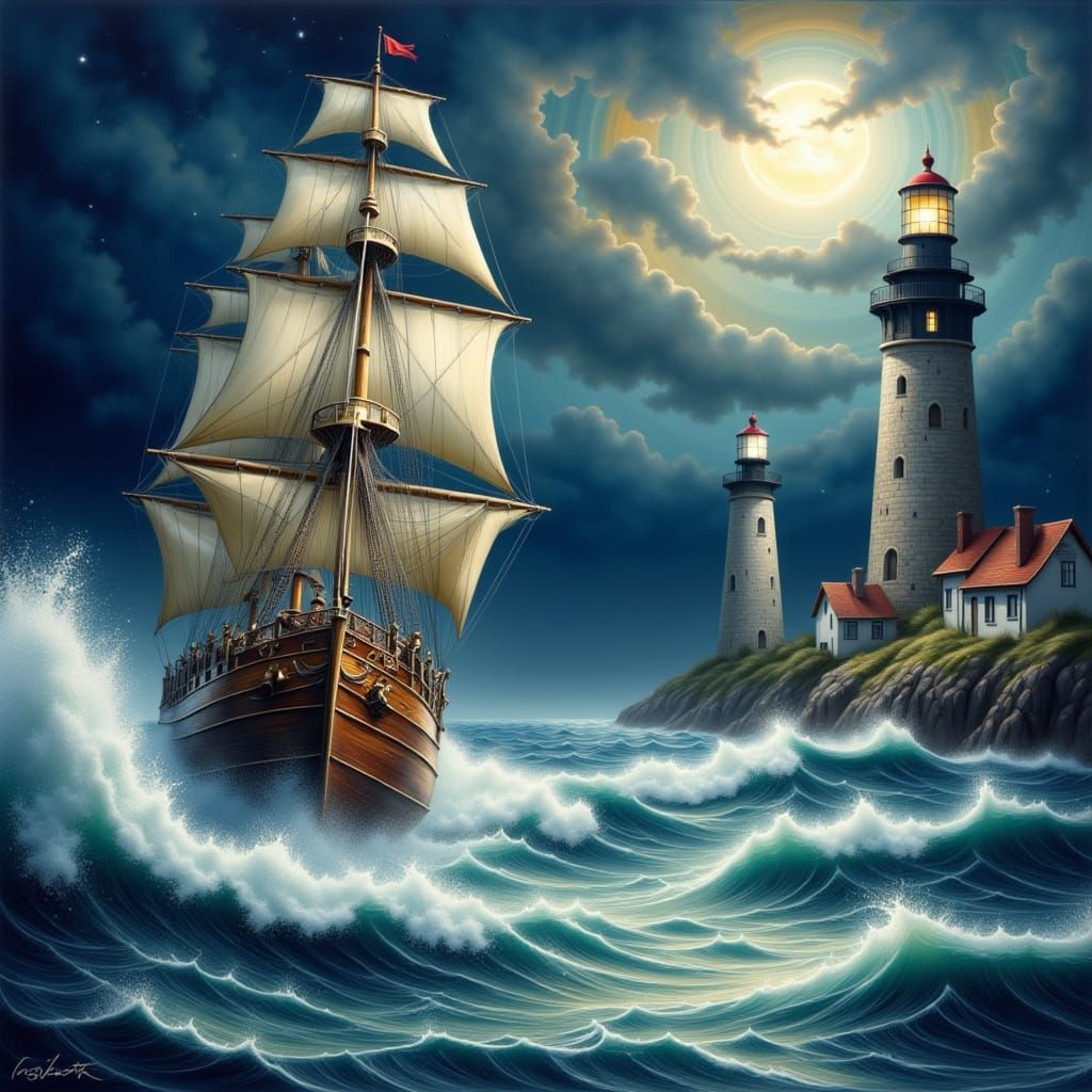 Majestic Sailing Vessel on Turbulent Moonlit Sea