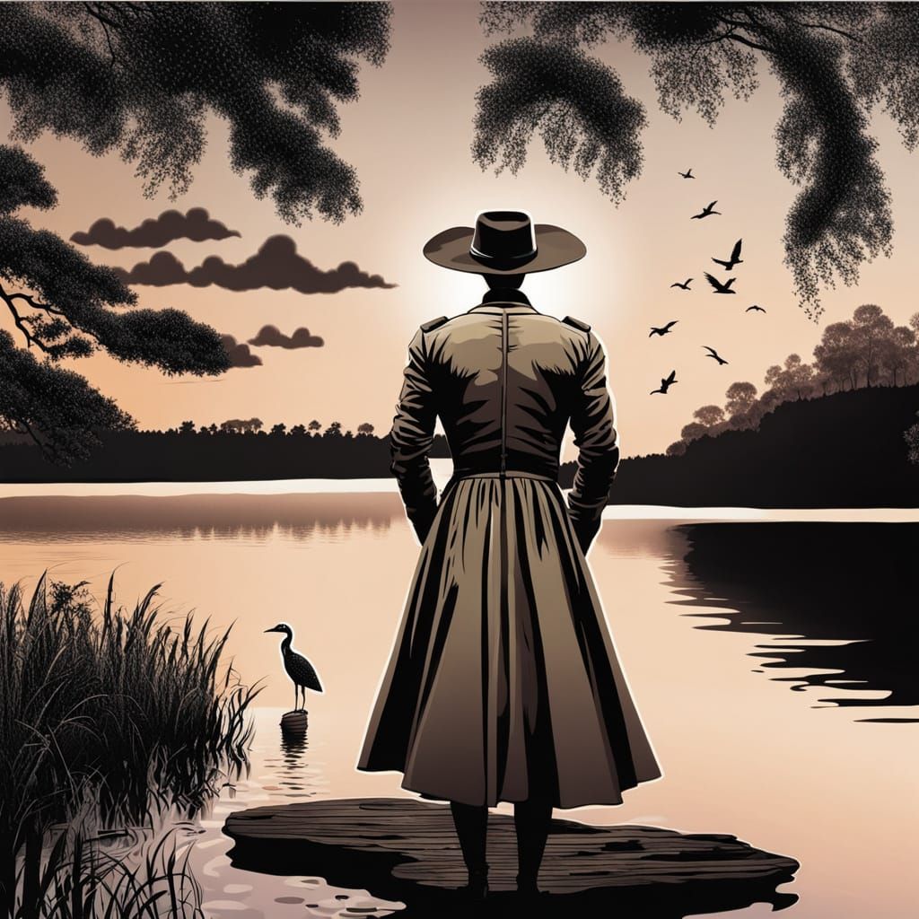 Man in Period Clothing by Lake Under Foggy Sky