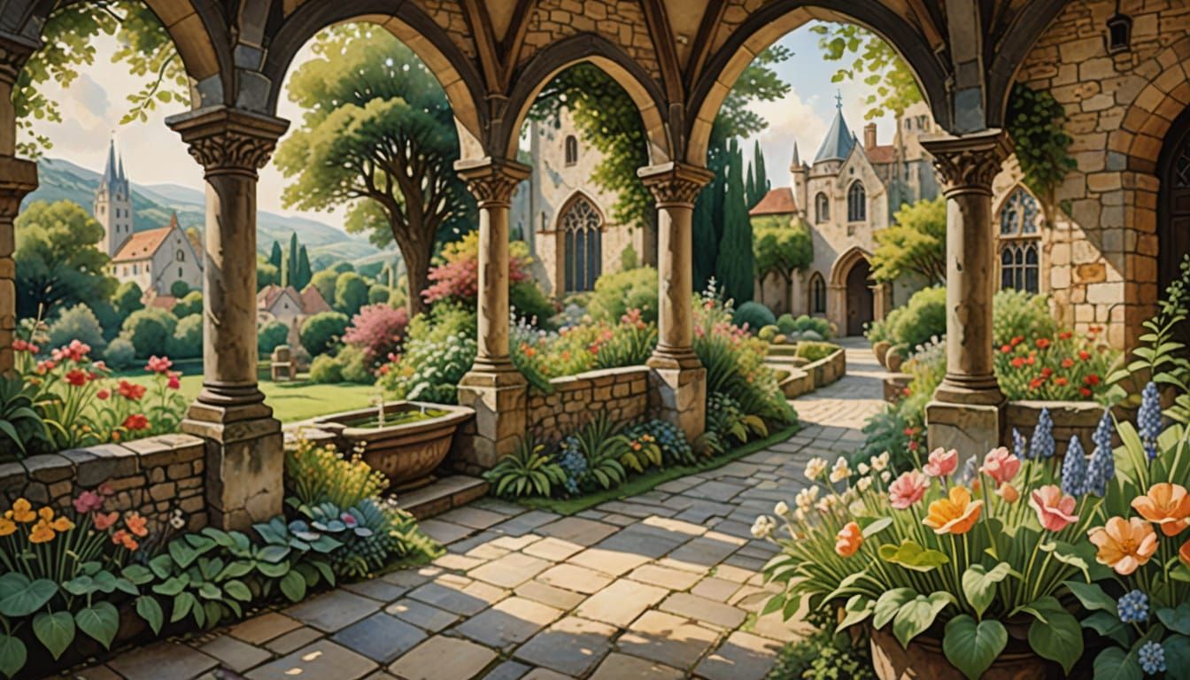 Medieval Monastery Garden in Soft Watercolor