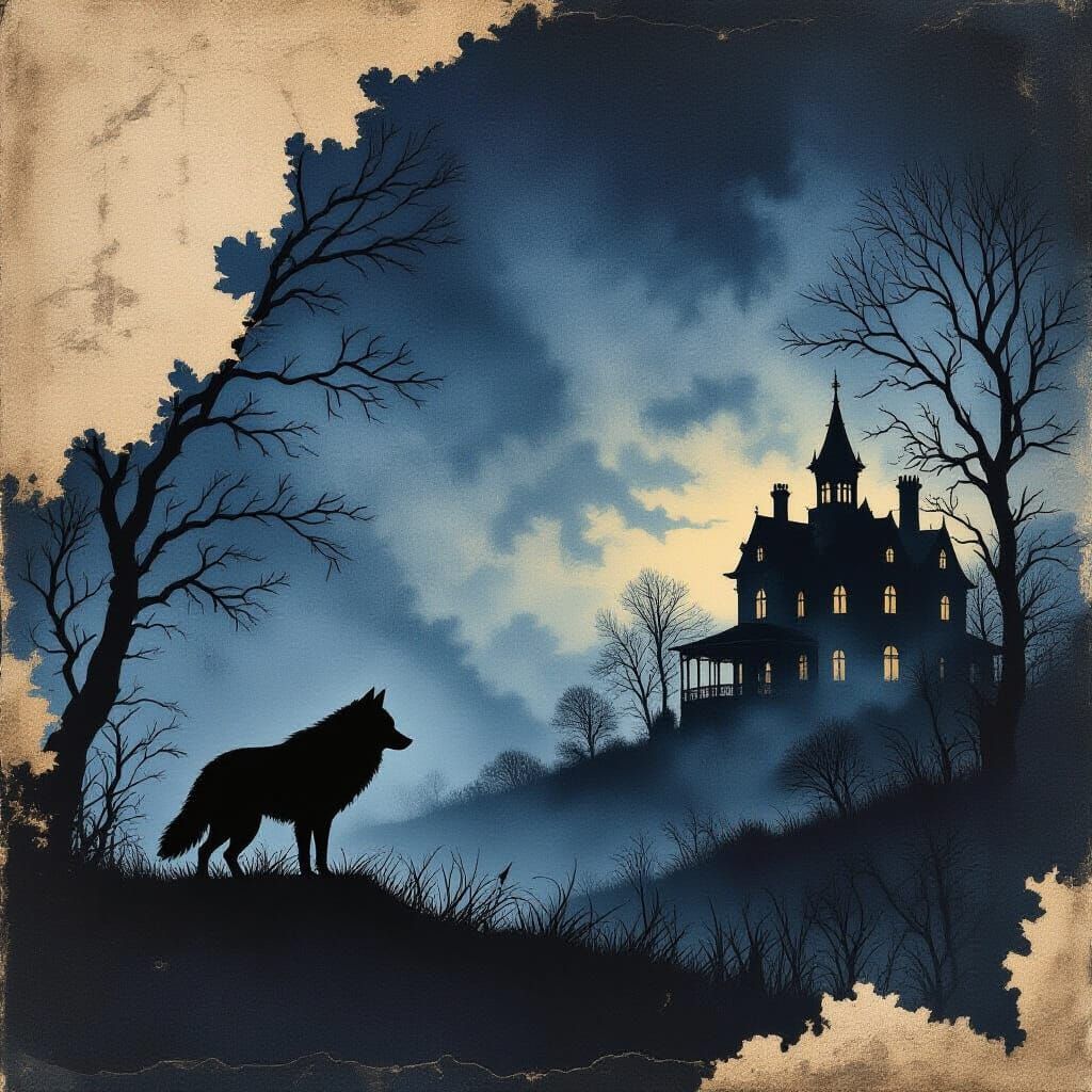 Lone Wolf Gazes at Crumbling Manor Under Twilight Sky