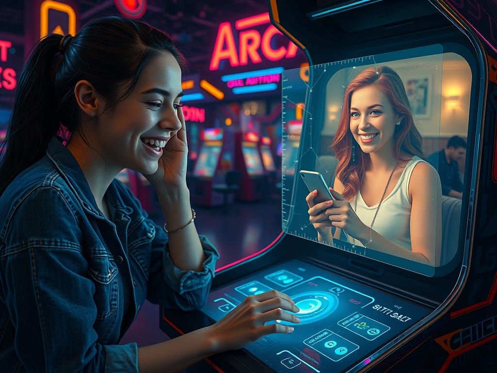 Neon Arcade Hologram Connects Friends in Cyberpunk Style