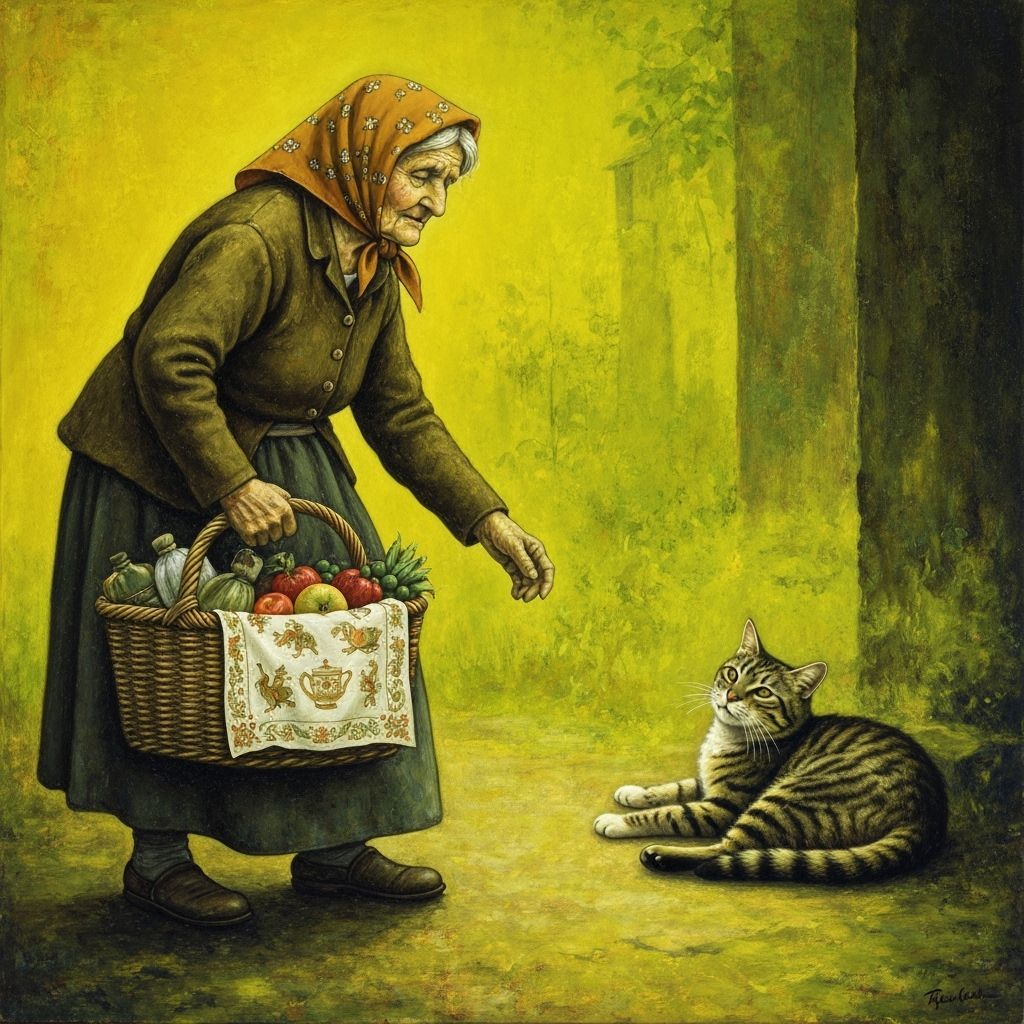 Woman Pets Cat in Gold and Black Palette