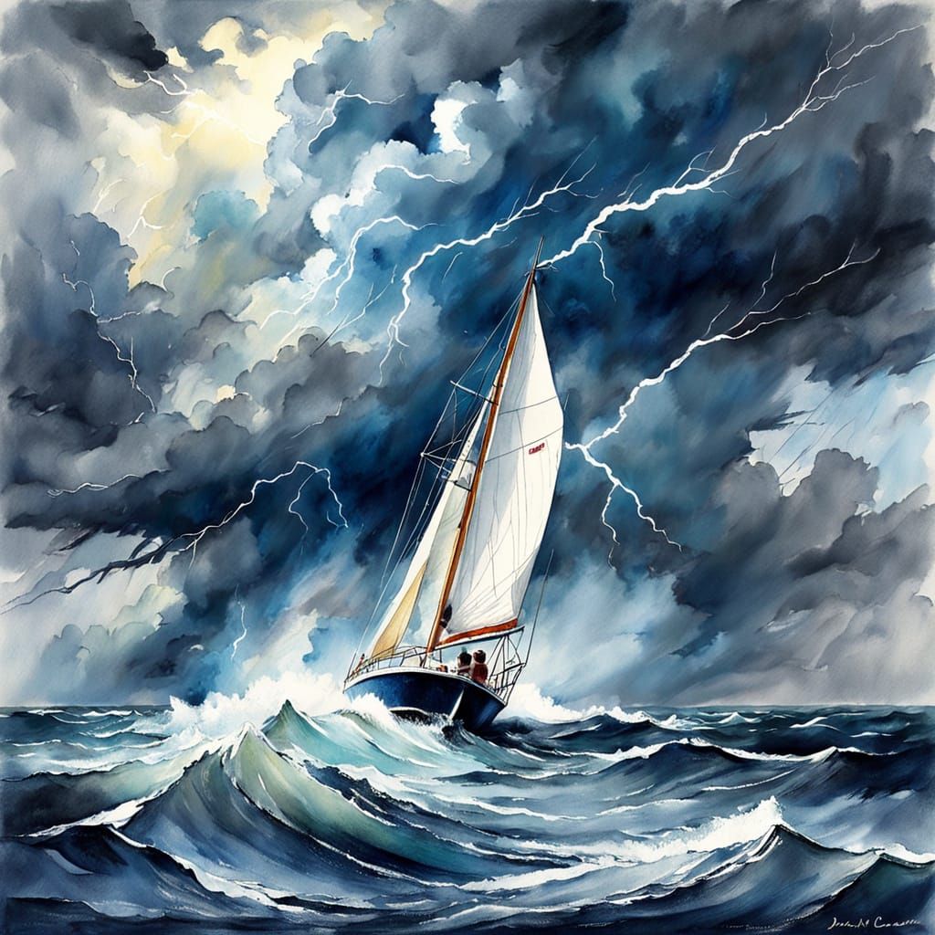 Impressionistic Sailboat in Stormy Seas