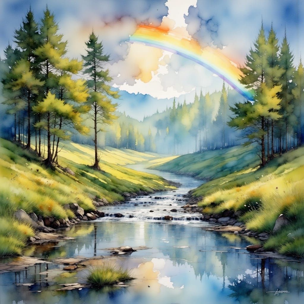 Pastoral Stream with Rainbow in Impasto Gouache Style