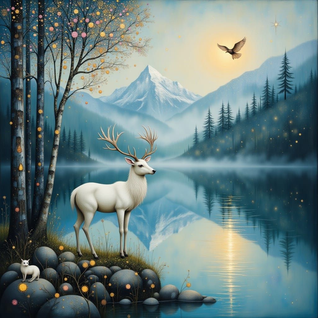 Ethereal White Stag in Whimsical Forest Wonderland