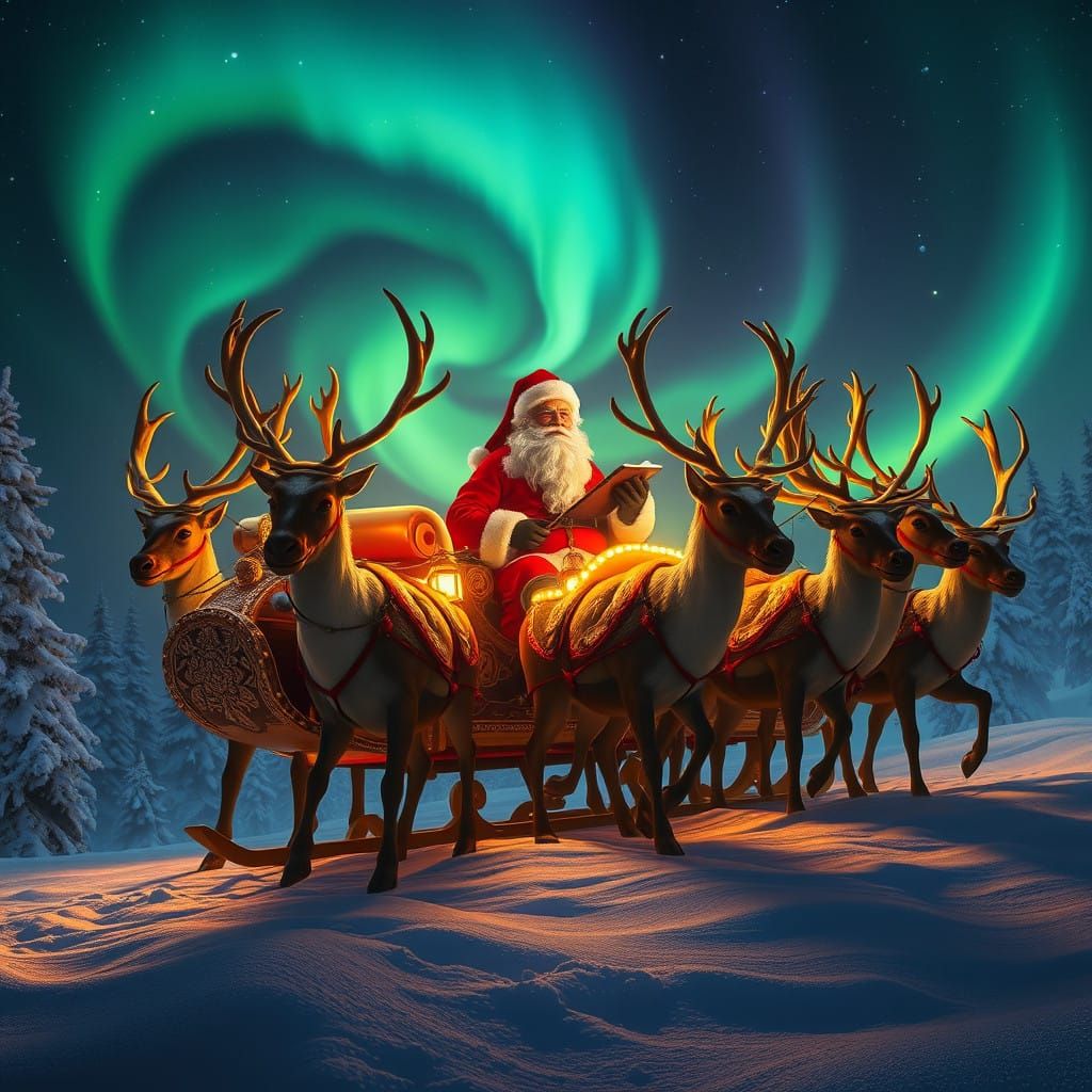 Santa's Majestic Sleigh Ride Under the Northern Lights
