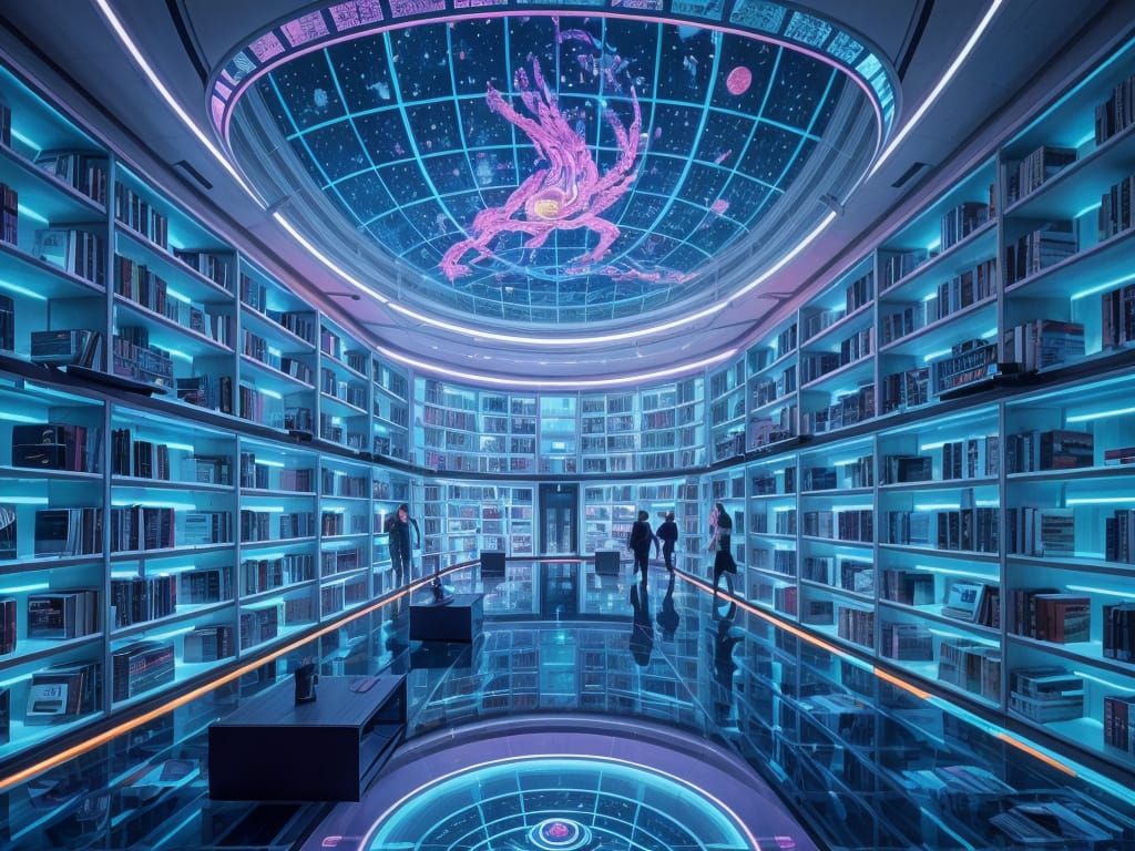 Sleek Futuristic Library in Mid-Air with Holographic Display...