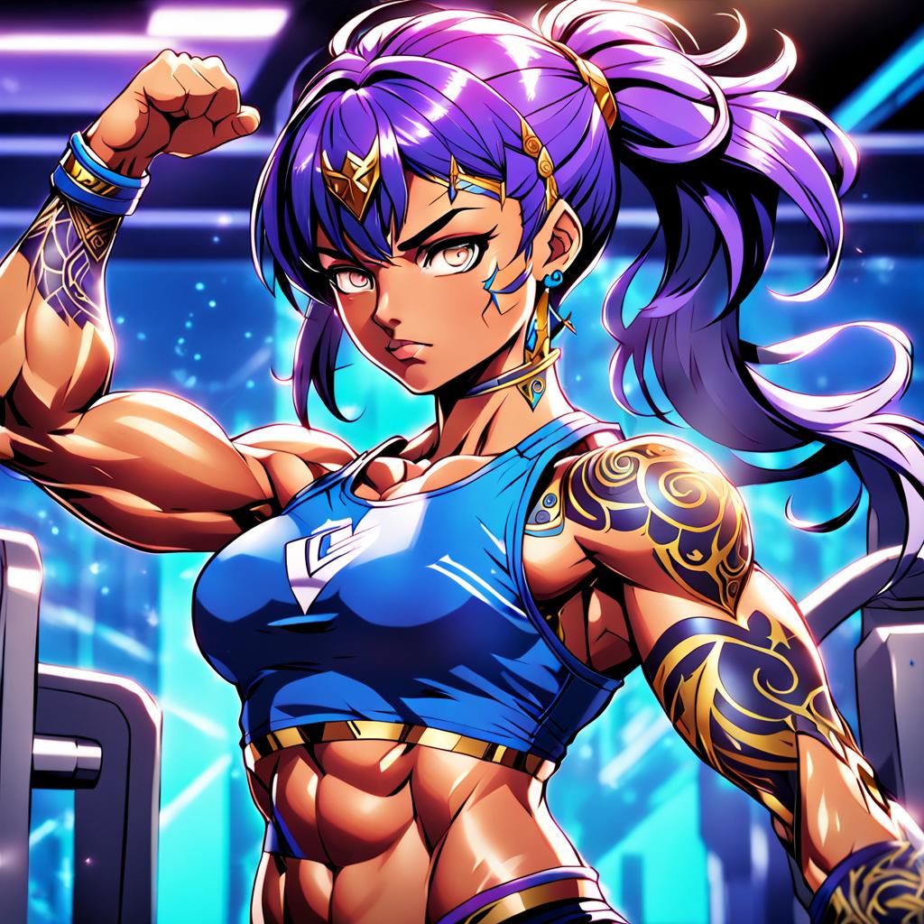 Muscular Athena Flexing at the Gym in Anime Style