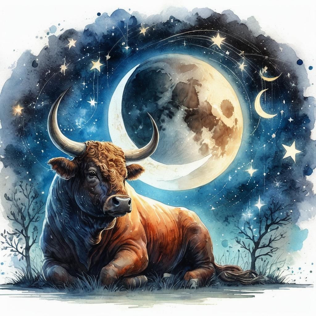 un toro enamorado de la Luna con elementos lunares y estrell...