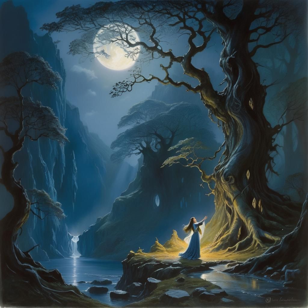 Lúthien Dances Under Beech Trees in Moonlight