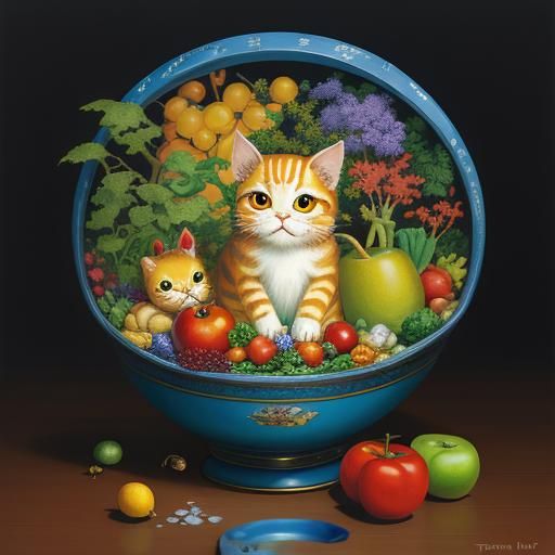 Still Life Painting of Maneki Neko with Fruit
