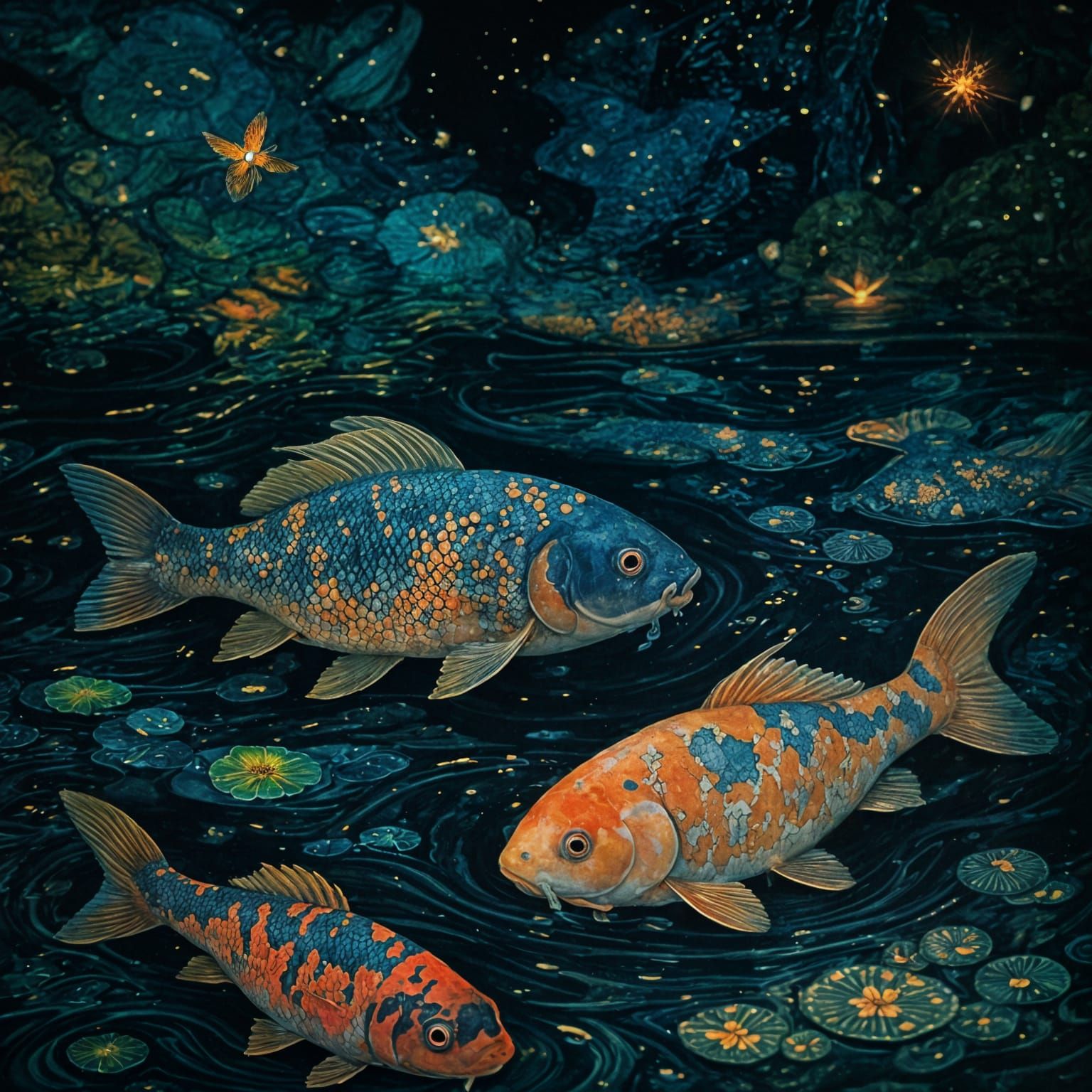 Serene Koi Pond in Vibrant, Hyperdetailed Liquid Ink Art