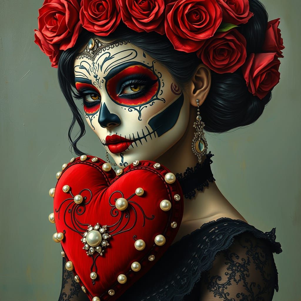Sugar Skull Woman with Roses in Neo-Impressionism Style