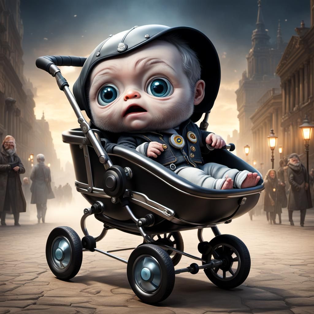 Surprised Googly-Eyed Baby in Pram as Fantasy Art