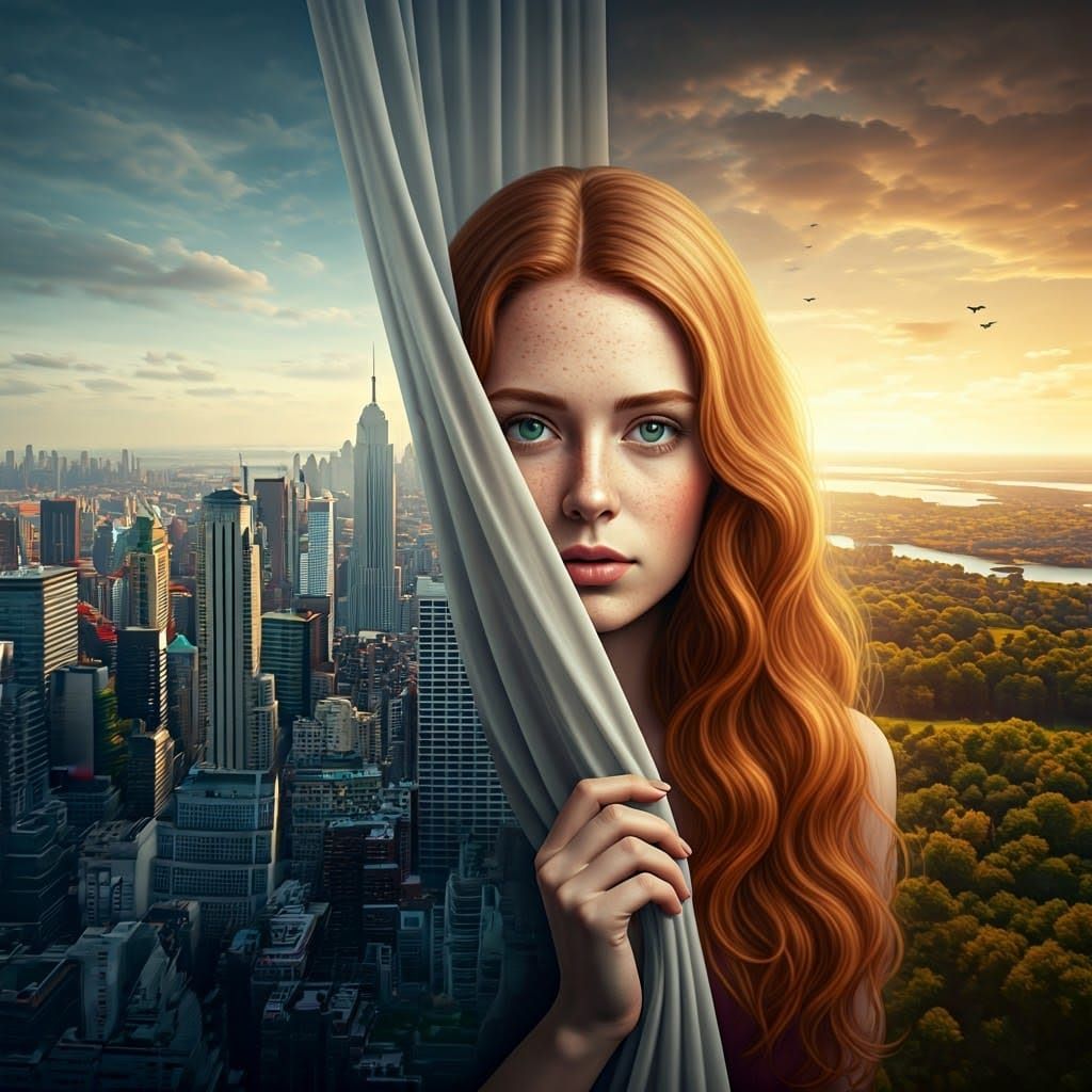 Surreal Woman Behind Curtain, in Magritte Style