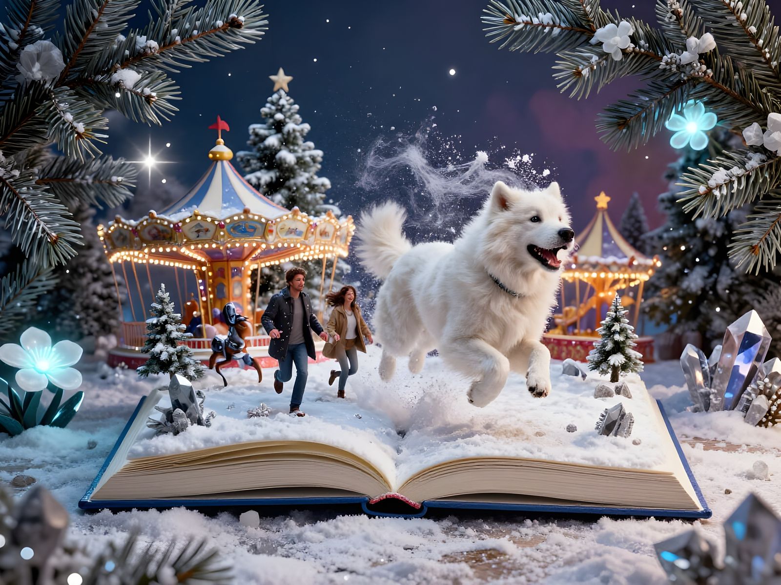 Microcosm in Open Book with Snowy Fairground Scene